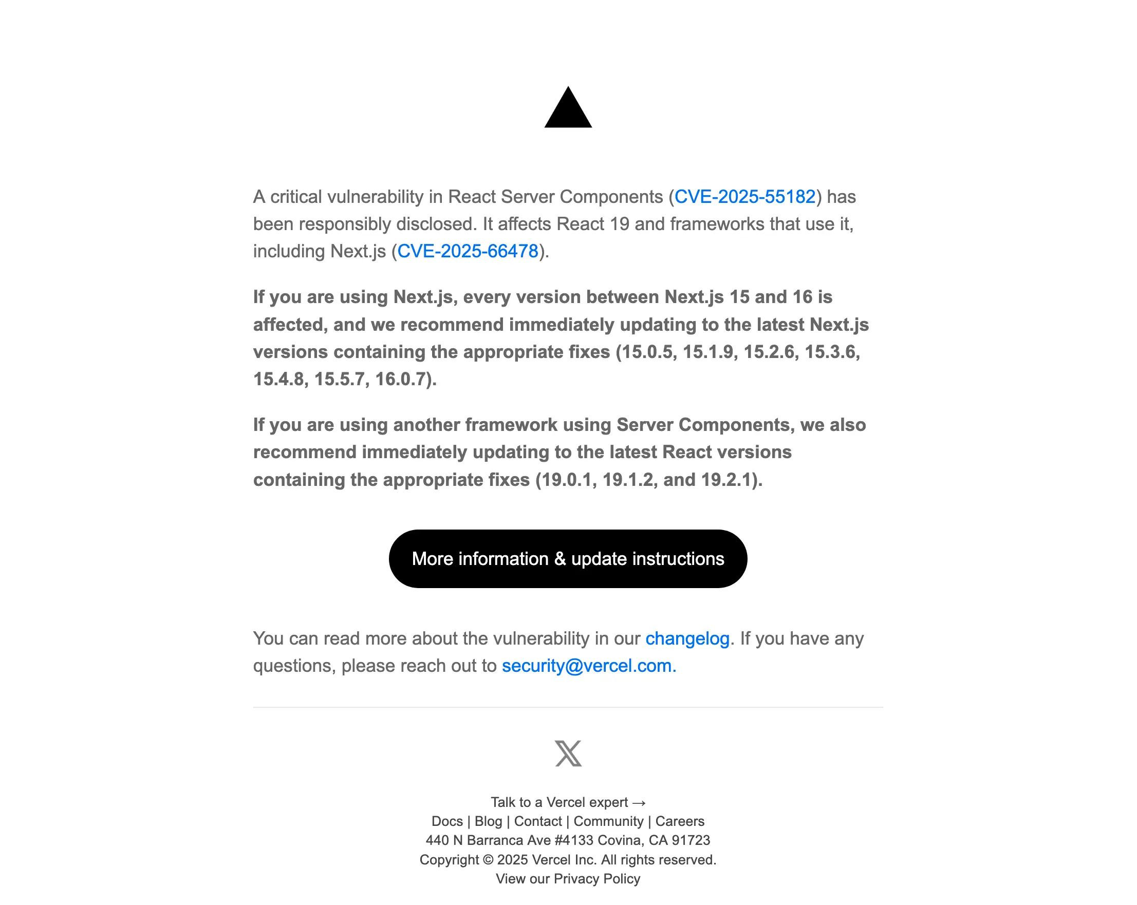 Vercel Security로 부터 도착한 이메일 Email from vercel security